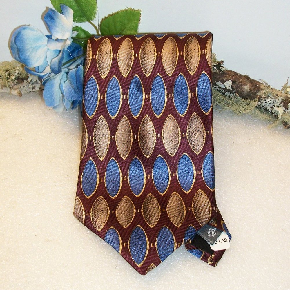 PALATINA Men's Silk Tie NWT Green Blue & Brown Print 57" L x 3 3/4" W